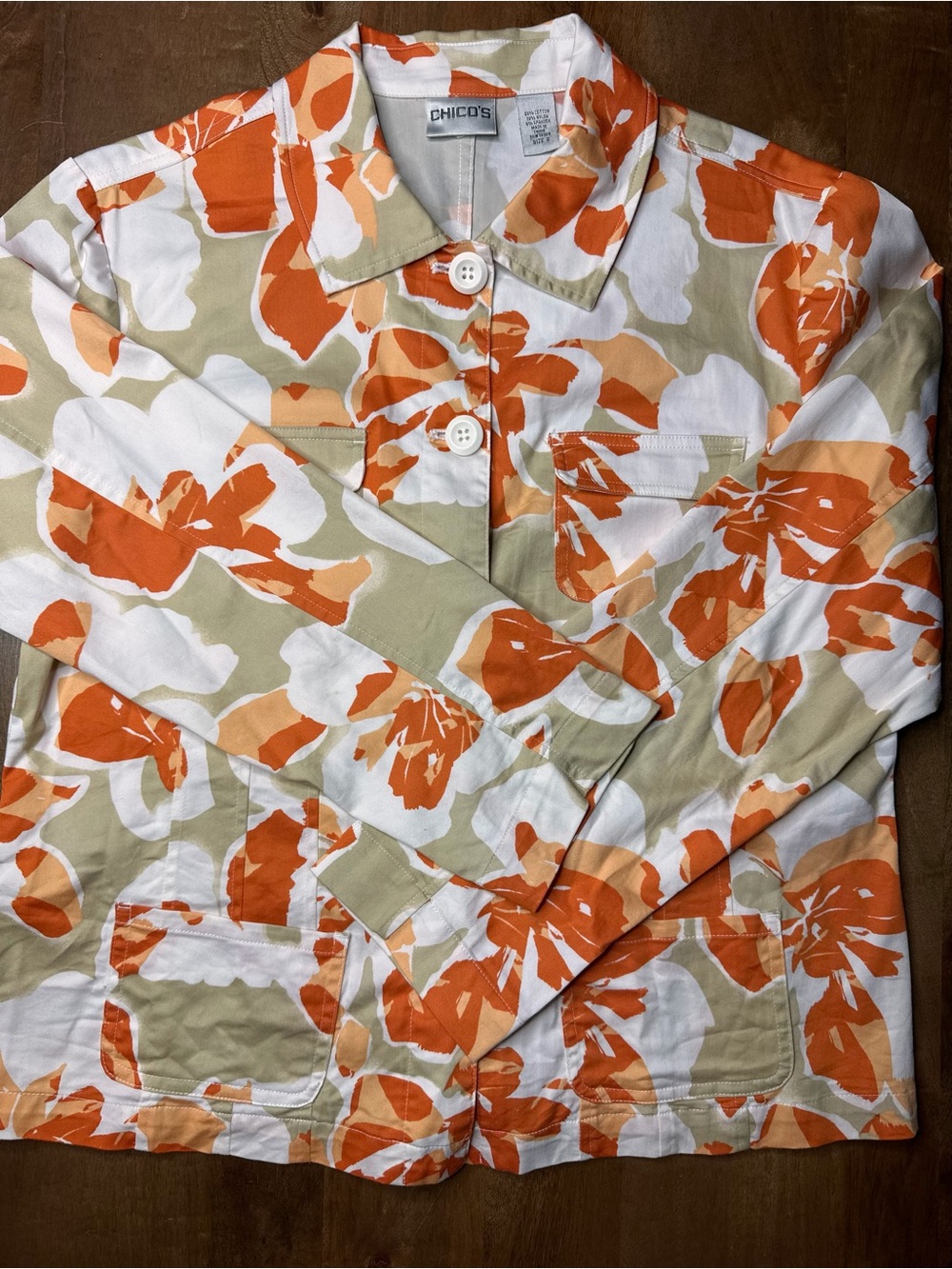 Chico's Orange, Cream & Tan Floral Button Jacket